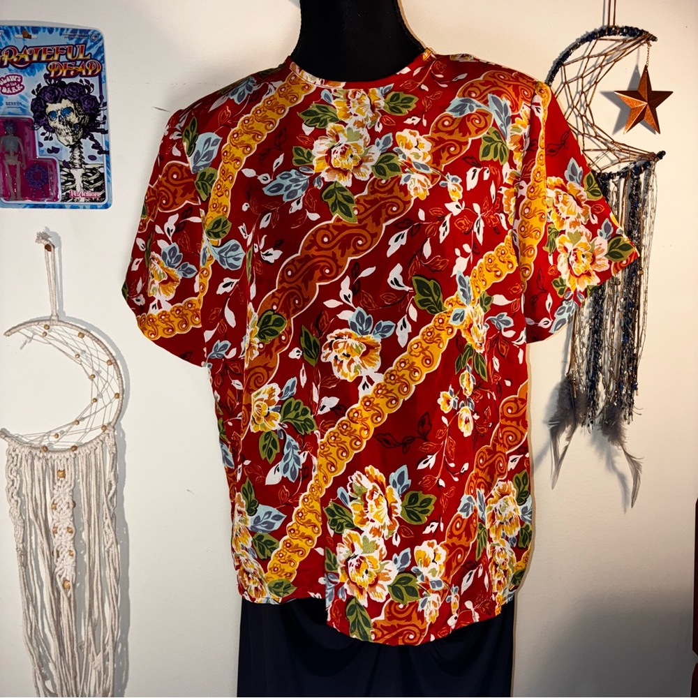 Vibrant Floral Women's Blouse in Red and Yellow